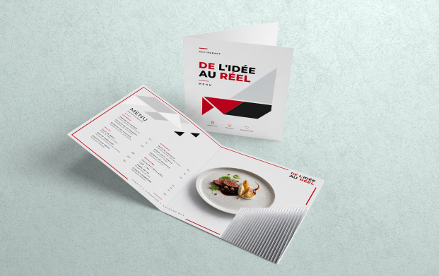 Menu de restaurant express personnalisé imprimé en couleur ou noir et blanc, au format A3, A4, demi-A4, A5, 1/3 A4, A6 ou carré, avec ou sans pliage en deux, sur papier satiné ou brillant, en recto ou recto-verso, avec plastification mate ou brillante pour les menus sans pli.