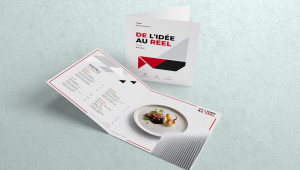 Menu de restaurant express personnalisé imprimé en couleur ou noir et blanc, au format A3, A4, demi-A4, A5, 1/3 A4, A6 ou carré, avec ou sans pliage en deux, sur papier satiné ou brillant, en recto ou recto-verso, avec plastification mate ou brillante pour les menus sans pli.