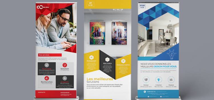 Plusieurs roll-ups COPYTOP déployés côte à côte, présentant divers designs attractifs, prêts à être utilisés lors de séminaires, conférences ou réunions professionnelles